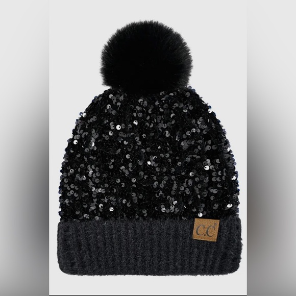 C.C. Sequin Fur Pom Beanie Black - Picture 1 of 2